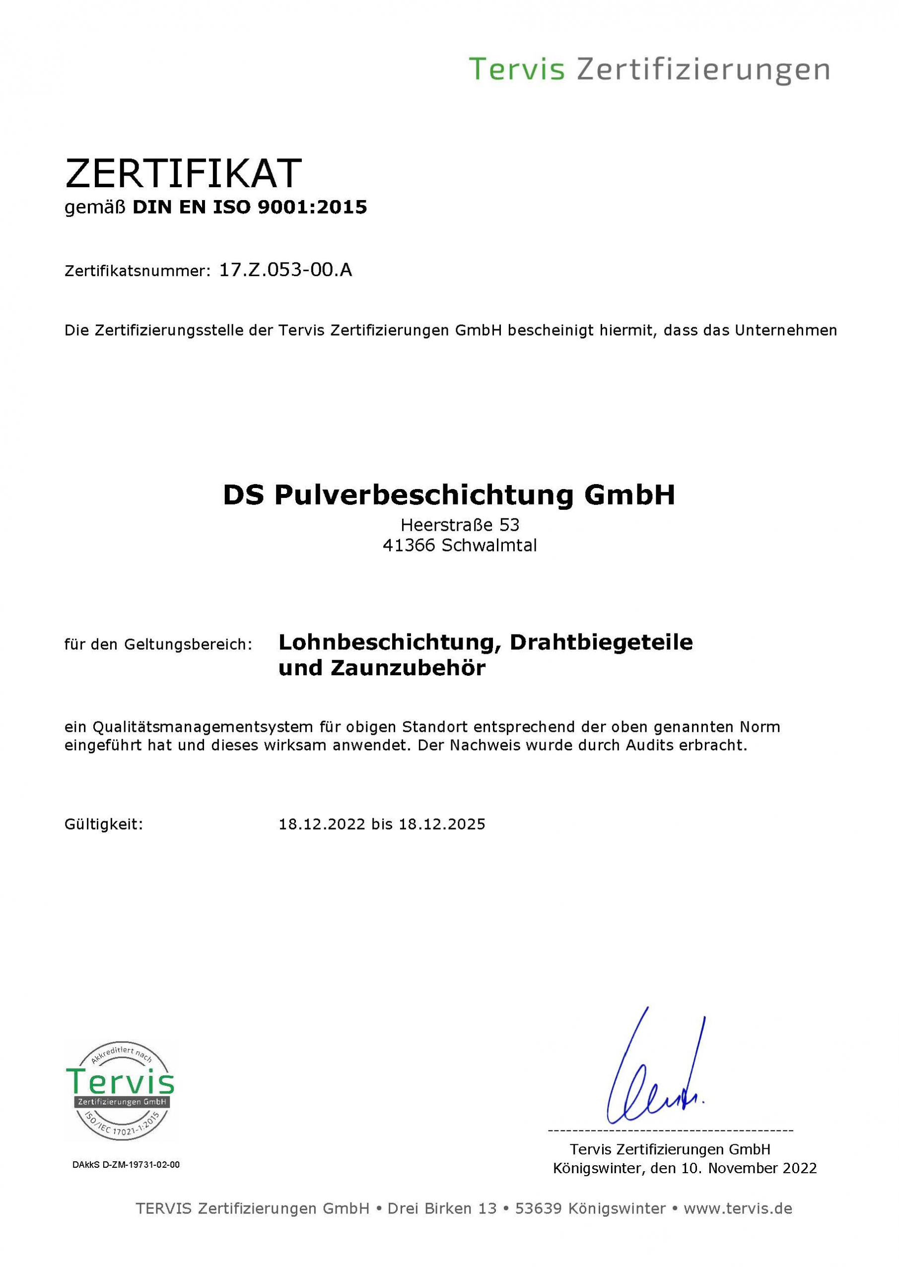 Zertifikat gemäß DIN EN ISO 9001:2015 Qualitätsmanagementsystem DS Pulverbeschichtung GmbH